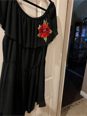 Black Off-Shoulder romper with Red Floral Applique